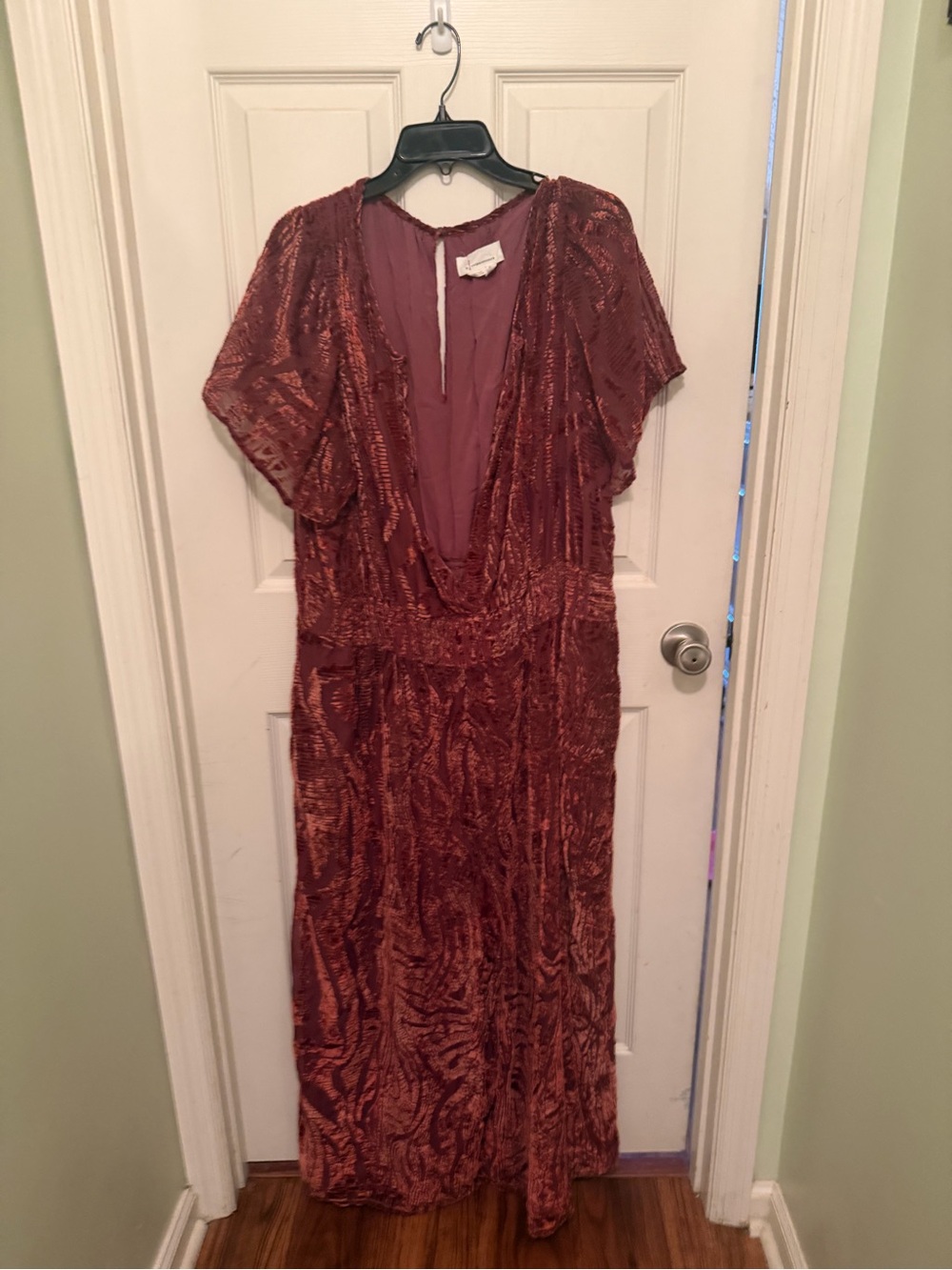 Anthropologie Rust Velvet Maxi Dress with V-Neck